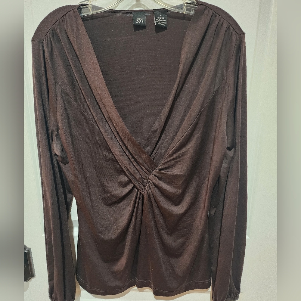 Saks 5th Avenue Elegant Deep Brown Crossover V-Neck Blouse